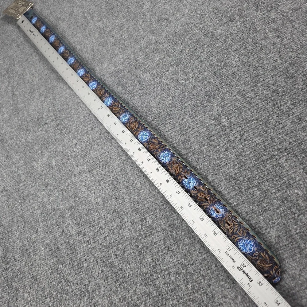 Vintage Tooled Leather Belt Sz 30 Blue Floral Western Saddle Leather Cowboy‎ USA